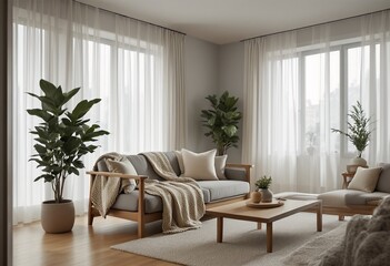 Fototapeta premium The Modern Minimalist Living Room: A Serene Retreat with Neutral Color Palette, Natural Light, and Sleek Wood Accents.