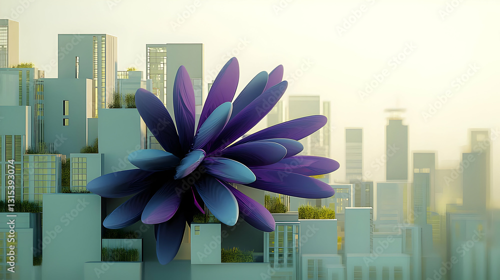 Poster a 3d render of a futuristic cityscape with green buildings and a large purple and blue voxelated abs