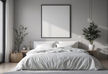 A minimalist bedroom with white bedding and plants features a large blank picture frame above the bed.