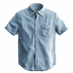 Dusty blue, short-sleeved, button-down shirt, with visible texture and detail, and simple, classic button-down collar and chest pockets