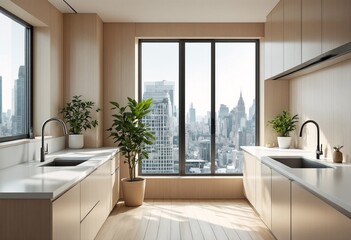 Modern kitchen with light wood cabinets and countertops, featuring two sinks, potted plants, and large windows offering a view of a city skyline.