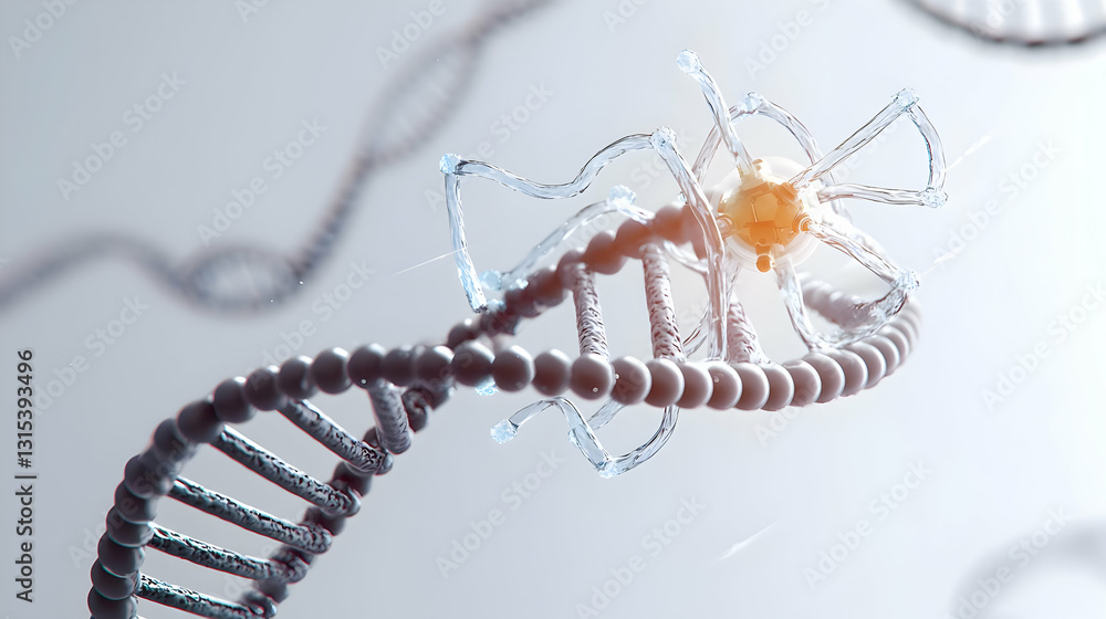 Poster 3d rendered illustration of a dna double helix structure with glowing particles in a microscopic bac