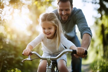 Man teaching his daugther ride bike