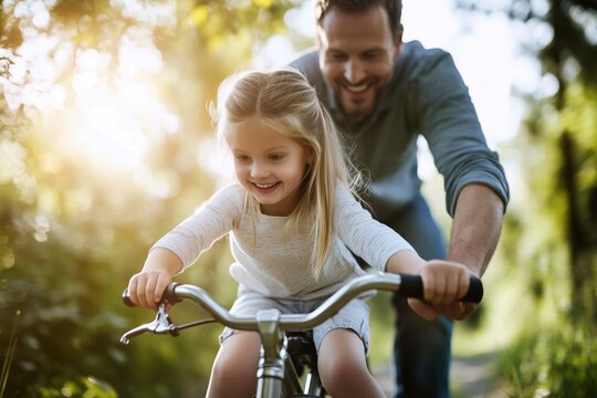 Man teaching his daugther ride bike