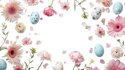 Easter eggs and spring flowers frame on transparent background