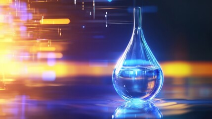 Creative laboratory experiment water in glass flask modern studio digital art abstract environment close-up viewpoint science concept