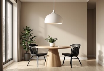 A modern minimalist dining room with light wood floors and beige walls.