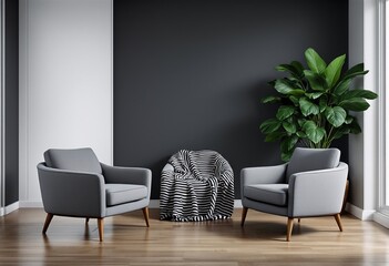 Two gray chairs with wooden legs sitting on a hardwood floor in front of a dark grey wall.