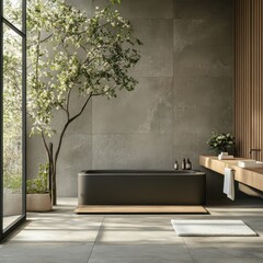 A modern minimalist bathroom featuring a black tub and tree