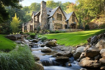 Fototapeta premium Beautiful stone cottage with lush green landscape and flowing stream surrounded by trees and colorful foliage in the serene countryside during autumn