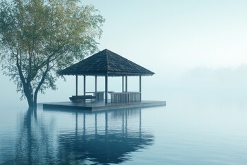 Fototapeta premium Tranquil wooden pavilion on a misty lake surrounded by serene nature