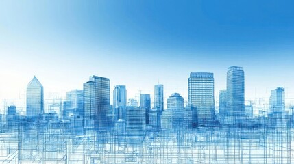 Obraz premium Blue Blueprint City Skyline Against Clear Sky With Architectural Design Elements
