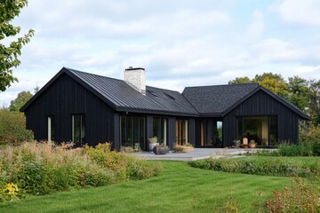 Fototapeta premium A contemporary black house featuring large, expansive windows is beautifully nestled amidst lush greenery, creating a serene atmosphere during the bright daylight hours