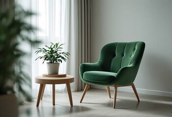A green velvet armchair and wooden side table with a potted plant on it, set against a white wall and floor.