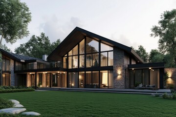 Obraz premium Modern architecture showcases a beautiful home surrounded by lush greenery during twilight, emphasizing stunning glass features and a tranquil outdoor space