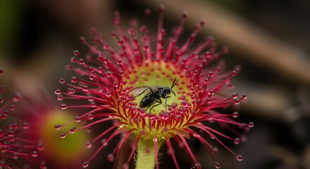 Fly Trapped on Sundew Plant with Sticky Tentacles and Dew Drops