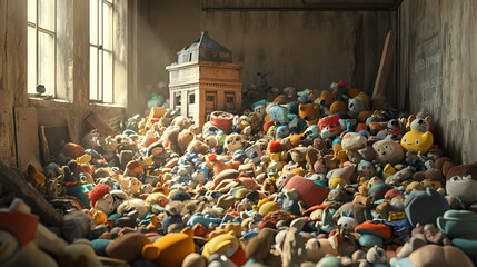 A room full of dust-covered, forgotten toys, [lost childhood], [grief of growing up], 3d illustration. Forgotten - Tower. Illustration