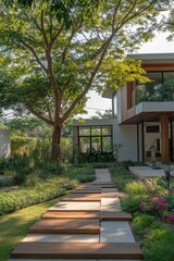 Modern architecture blends with nature in a serene garden setting featuring a stylish home amid lush greenery and inviting pathways during the daytime