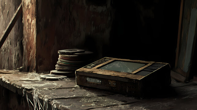 A weathered and dusty dvd player abandoned in an attic, with cobwebs and a stack of forgotten discs nearby. Forgotten - Tower. Illustration