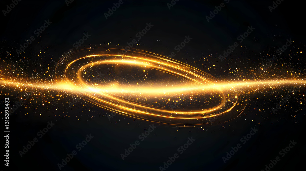 Poster golden light trails with sparkling particles on a dark background with a swirling motion