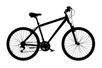 Obraz premium Black bicycle, side view. Black leather saddle and handles. Png clipart isolated on transparent background