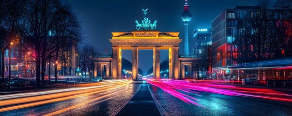 A vibrant nighttime scene of Berlin with the Brandenburg Gate illuminated, modern skyscrapers in the background, and bustling streets filled with glowing neon lights