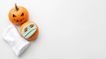 Halloween Arrangement Featuring Carved Pumpkins and a Mask on a White Background