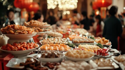 Abundant Table of Traditional Asian Cuisine with Colorful Dishes