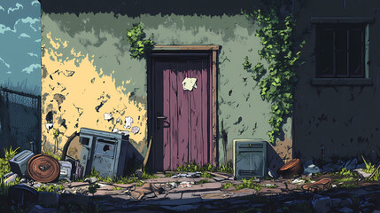Abandoned building with a doorway and rubbish. Forgotten - Tower. Illustration