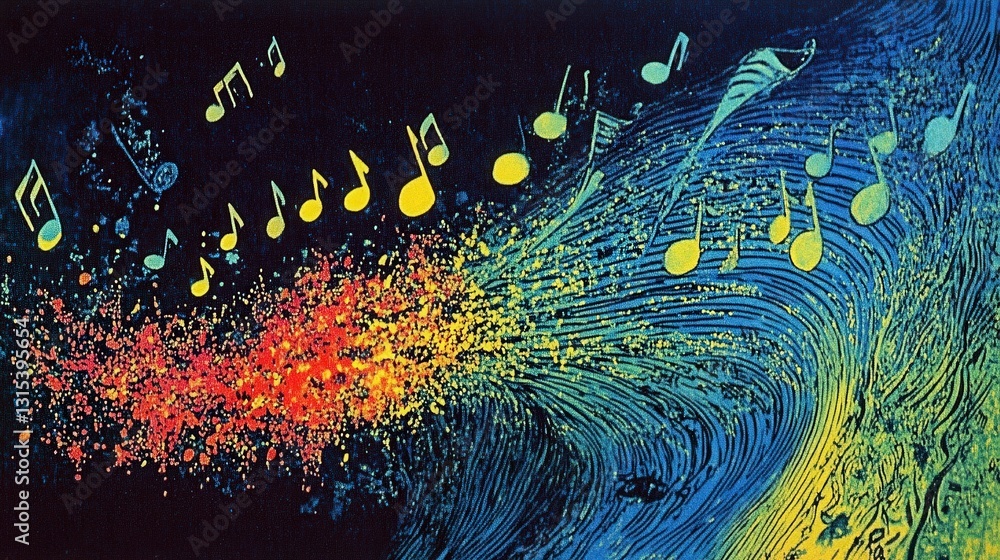 Poster musical notes explode with color on tumultuous wave.