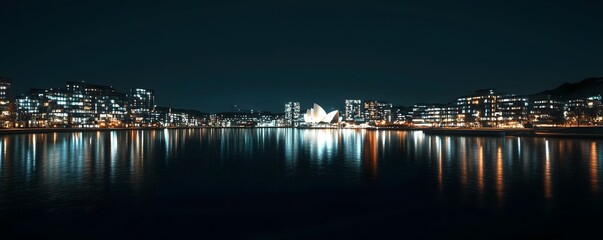Oslo at night with the Opera House glowing by the waterfront, modern architecture illuminated, and the fjord reflecting city lights under a clear sky