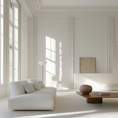 An expansive and minimal room displays the rooms furniture and layout