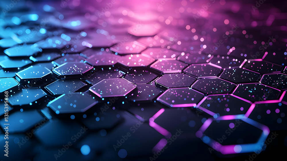 Poster abstract background with futuristic pink and blue illuminated hexagonal surface