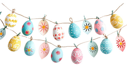 Colorful easter eggs and paper leaves hanging on a string with transparent background