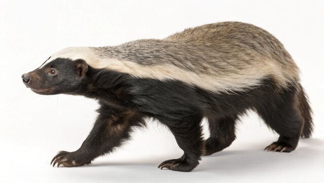 honey badger in full view on white studio background