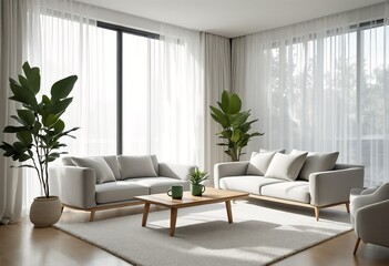 Fototapeta premium Modern minimalist living room with large windows and white couch.