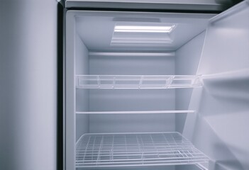 A photograph of an empty freezer with its door open.