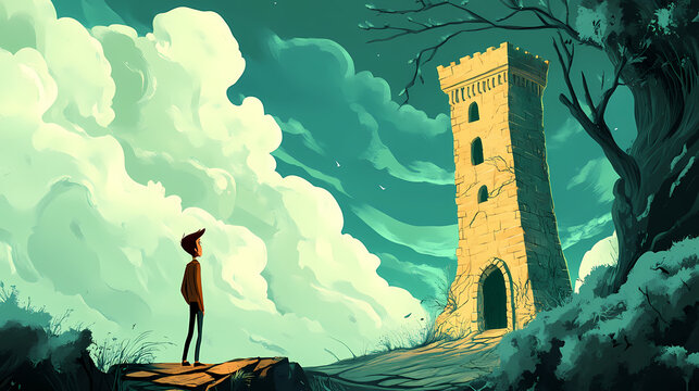 Cartoon man forgetting something. Forgotten - Tower. Illustration