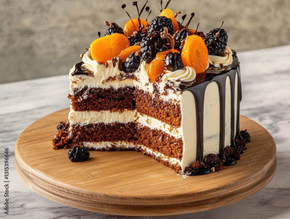 Poster tempting cake with a slice missing showcasing mouthwatering layers of cream and fruit toppings in st