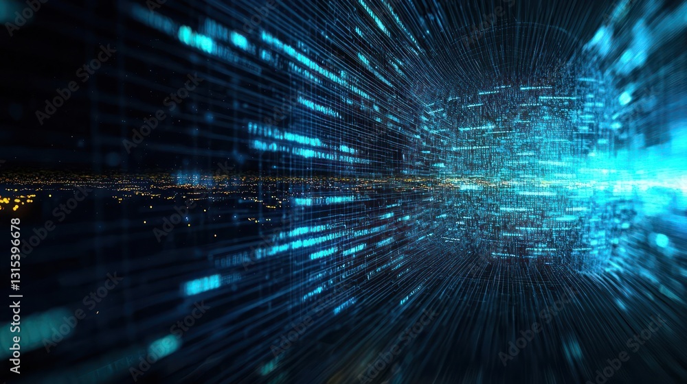 Poster abstract digital data tunnel with blue lines and glowing lights for cybernetic concepts