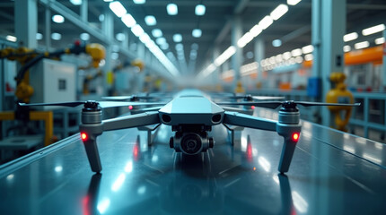 Advanced drone on a high-tech production line in a futuristic manufacturing facility
