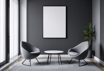 A modern minimalist sitting room with dark grey walls and white trim, featuring two chairs, a coffee table, and a large window.
