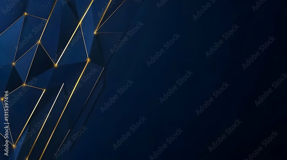 Poster dark blue abstract background with 3d triangles gold lines and glowing particles elegant futuristic 
