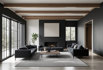 A Modern Minimalist Living Room with Dark Gray Walls and Light Wood Floors.