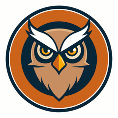 Naklejka premium a cartoon illustration of an owl's head with intense eyes within a circular frame. The owl has brown feathers, white eyebrows, and a sharp beak, vector cartoon illustration
