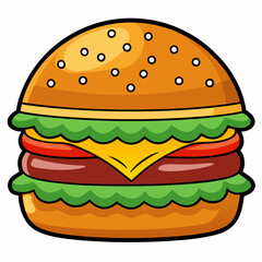 a delicious, juicy, classic hamburger with cheese, fresh tomatoes and lettuce. The burger has sesame seeds on top, vector cartoon illustration