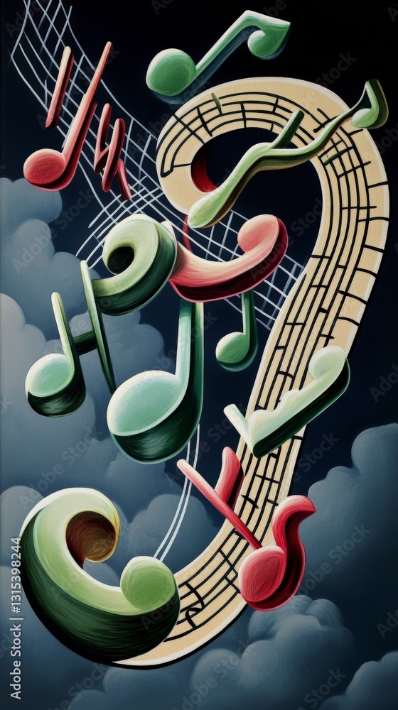Poster surreal floating musical notes with cloudy backdrop