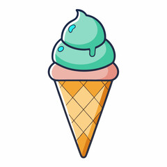 a delicious ice cream cone with two scoops, one pink and one mint green, in a waffle cone, vector cartoon illustration