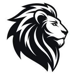 Fototapeta premium a regal lion mascot head logo depicted in black and white. Its mane is flowing, and it has a powerful gaze. This image embodies strength and leadership, vector illustration