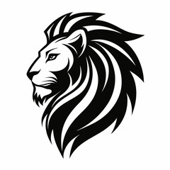 a regal lion mascot head logo depicted in black and white. Its mane is flowing, and it has a powerful gaze. This image embodies strength and leadership, vector illustration